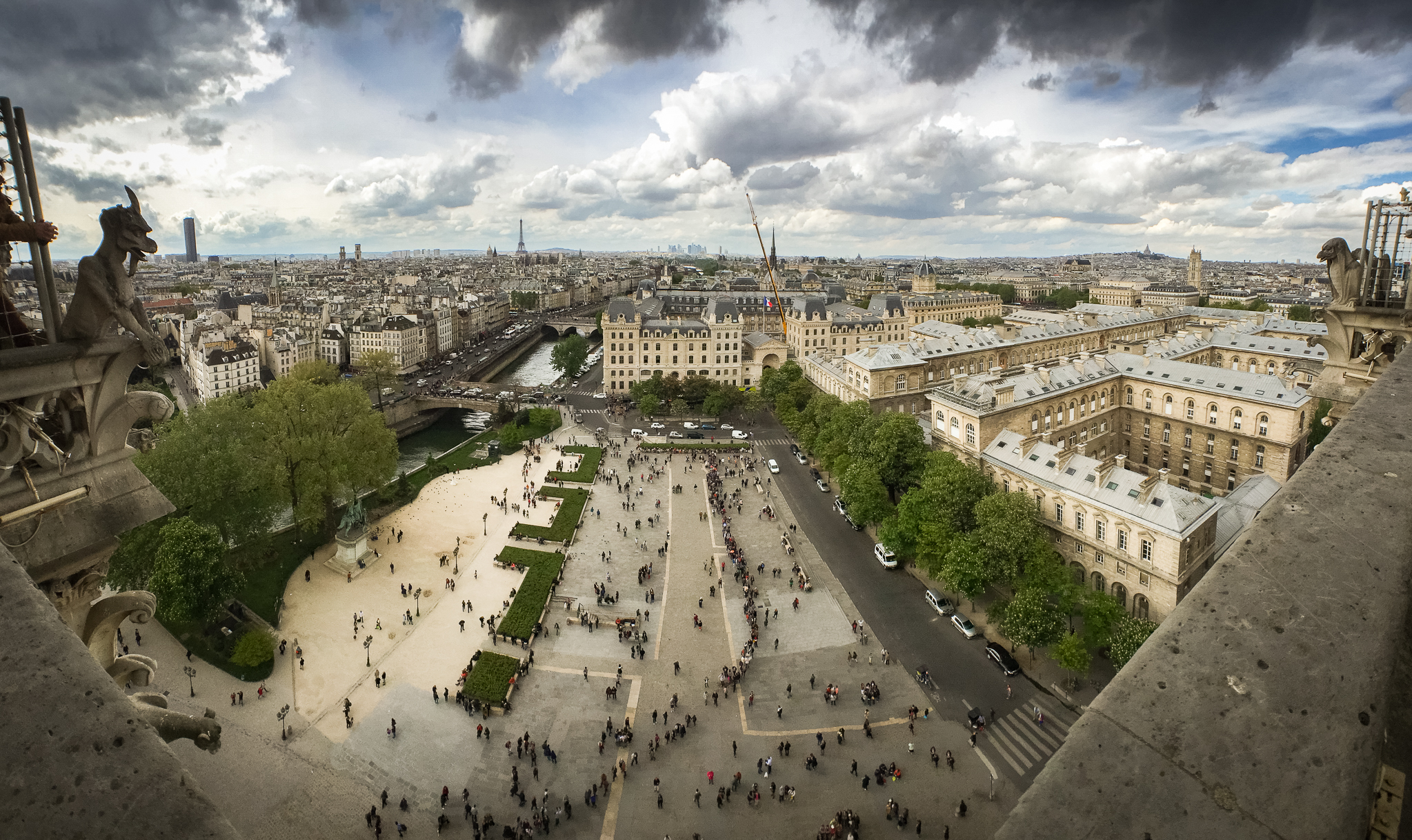 Cityscape of Paris, France as seen from the top of Notre-Dame Cathedral.